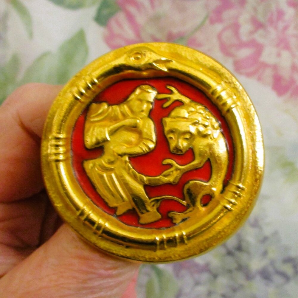 Vintage ARTHUS BERTRAND Brooch: 24K Gold Plate SCYTHIAN Lion Snake Enamel Pin